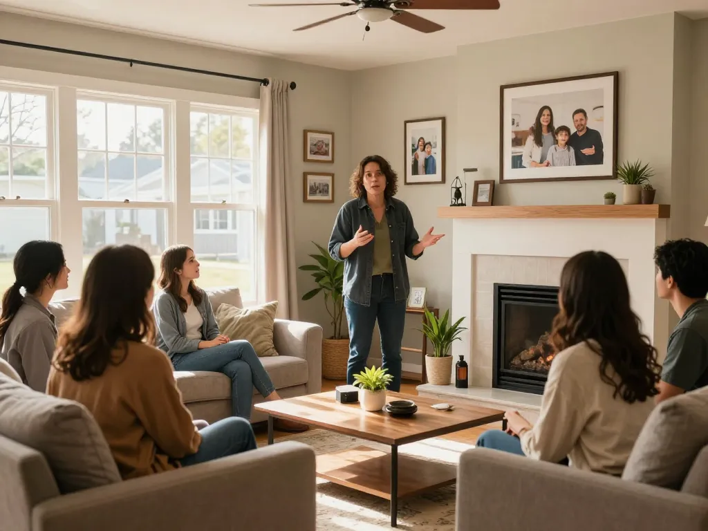 Sell my house fast for cash in a cozy home setting with agent assisting potential buyers.