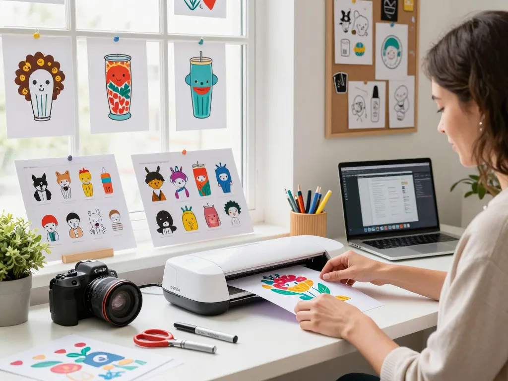 Craft enthusiast working on Cricut machine with colorful Svg files, vibrant tumbler designs around.