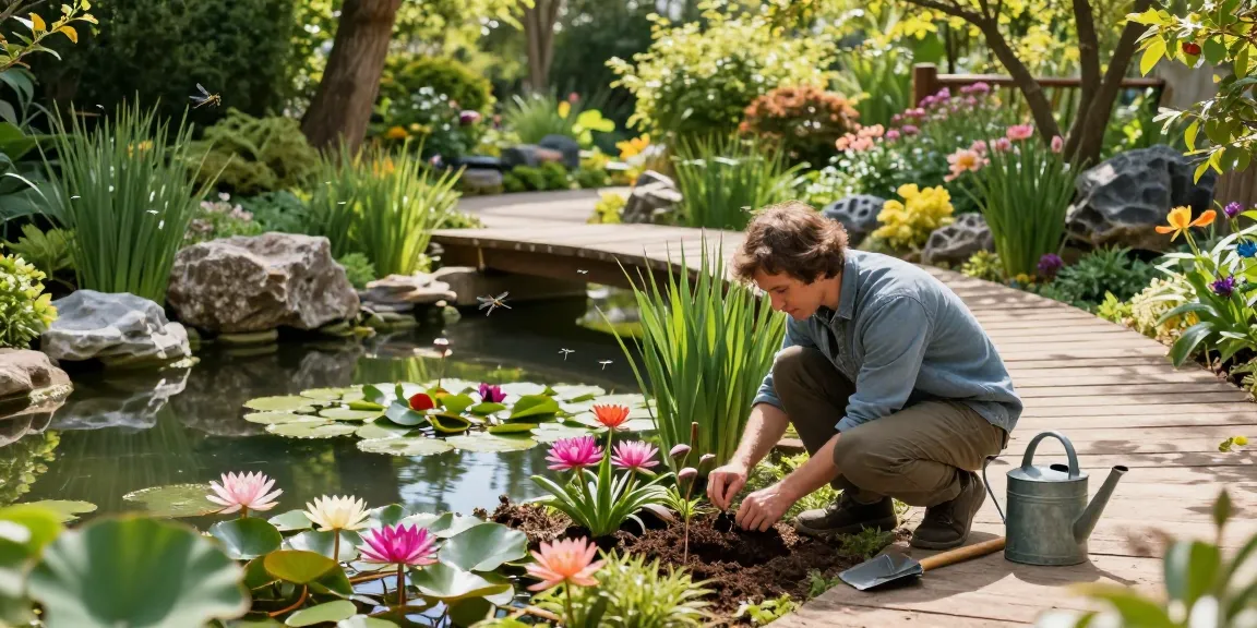 Pond Plants being carefully planted in a tranquil garden pond surrounded by nature.