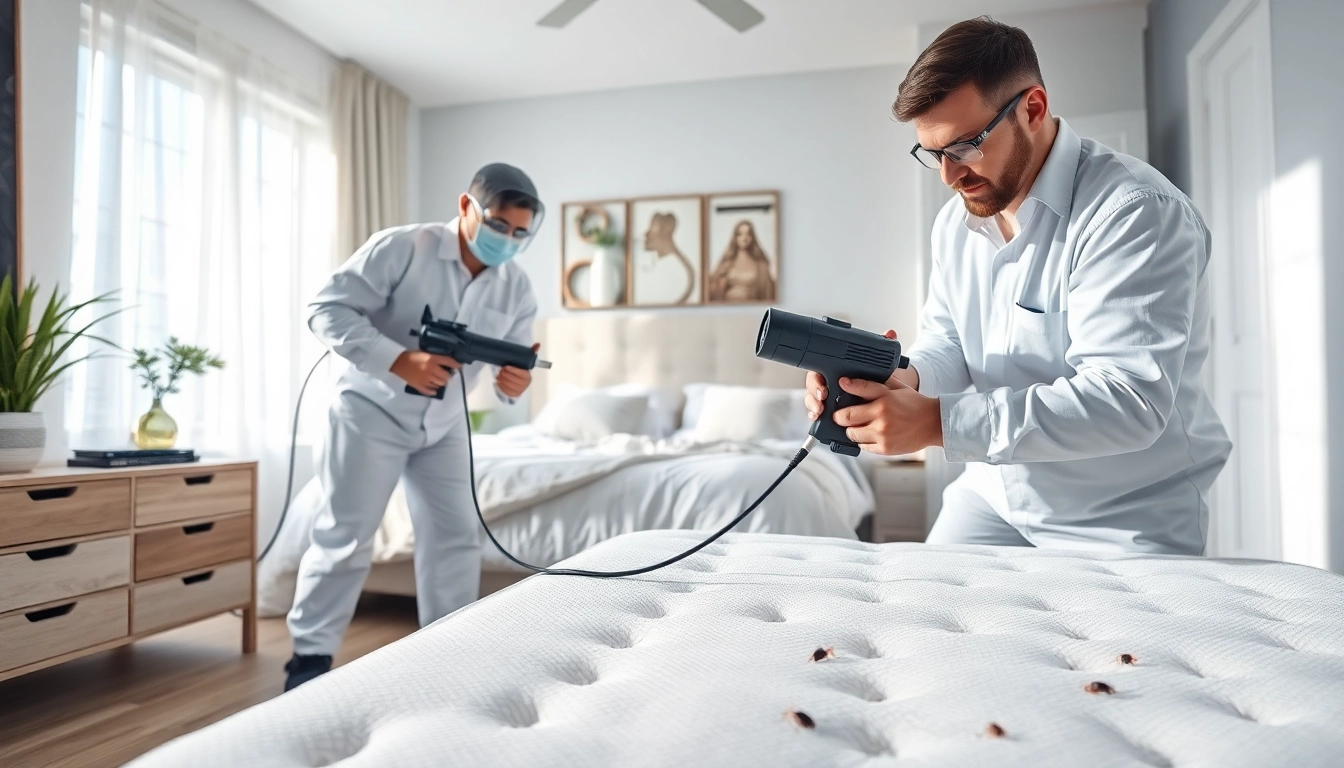 Efficient bed bug exterminators performing an effective pest control treatment in a clean bedroom.