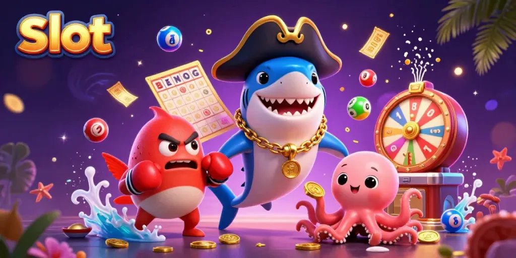 Slot momen menggembirakan dengan hiu bajak laut, ikan puffer marah, dan octopus kartun bersinar dengan koin emas.