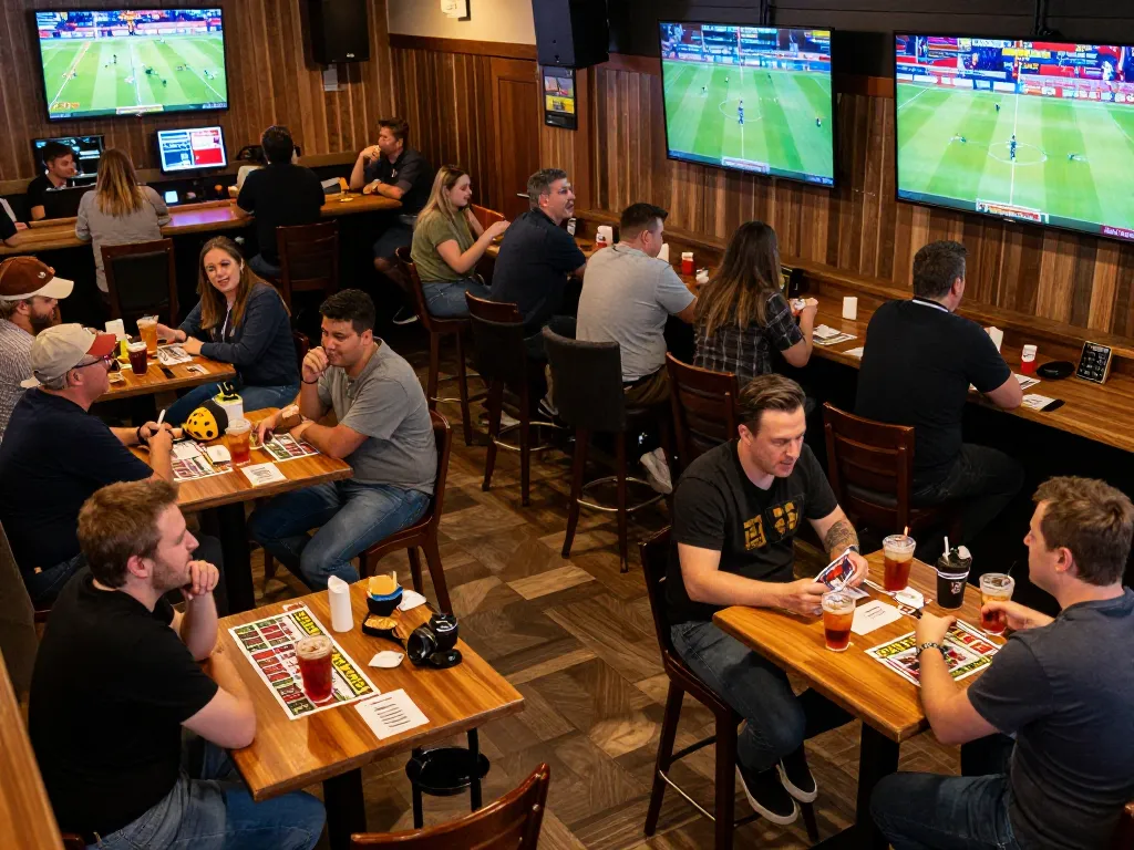 Kèo nhà cái highlights exciting sports betting atmosphere with enthusiastic patrons at a lively sports bar.