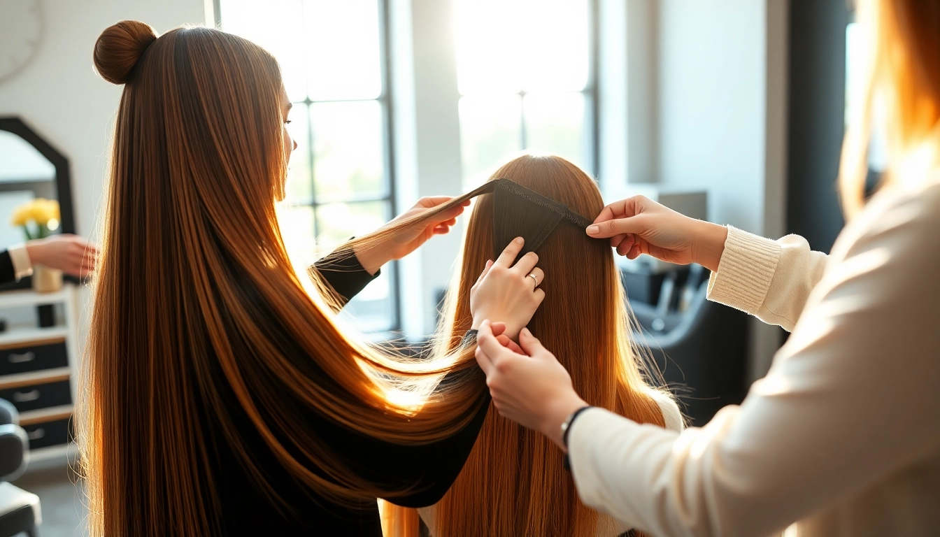 Stylist expertly applying invisi edge clip in hair extensions for a flawless look.