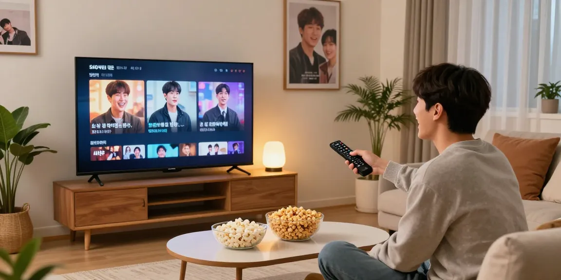 티비위키에서 드라마를 즐기는 사람의 아늑한 거실 모습