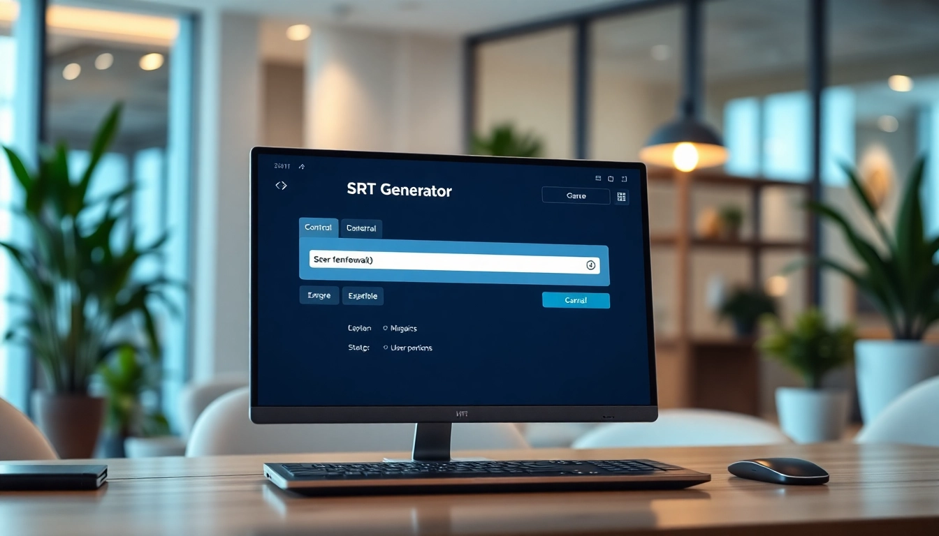 Create subtitles quickly using the SRT Generator on a sleek computer interface.