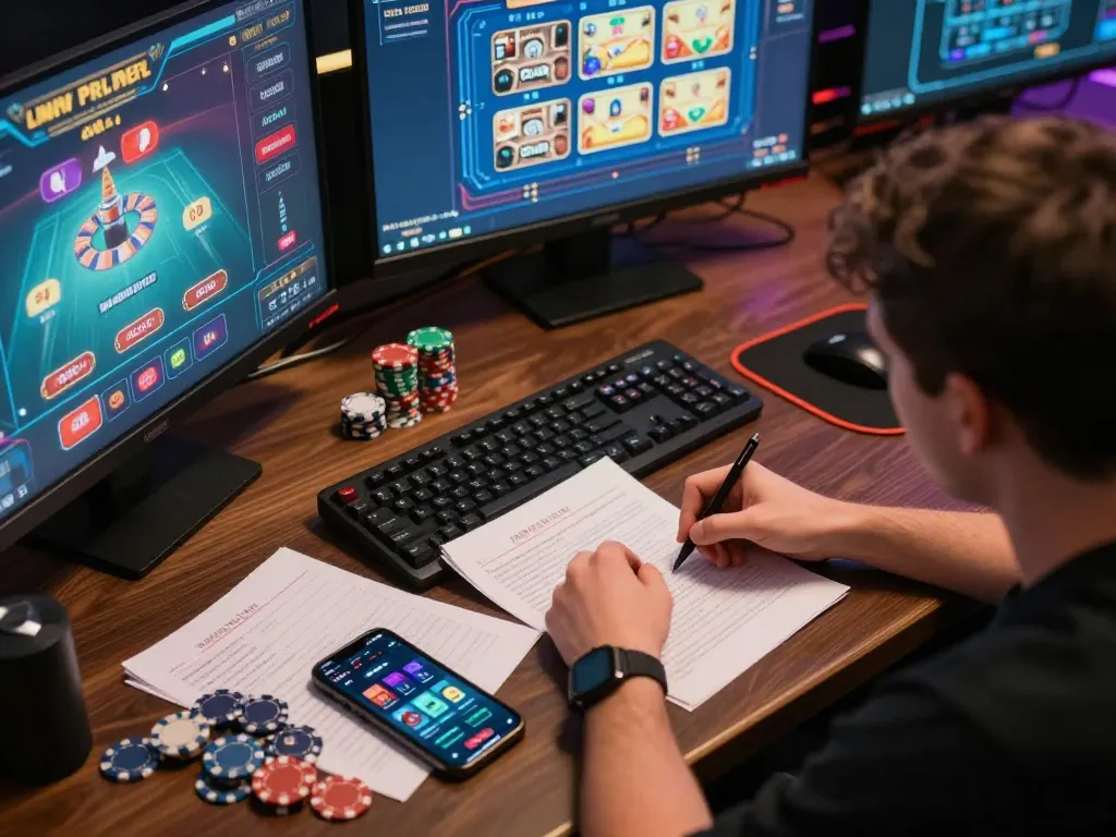 Player analyzing top quality widgets during an intense online casino gaming session with multiple screens.