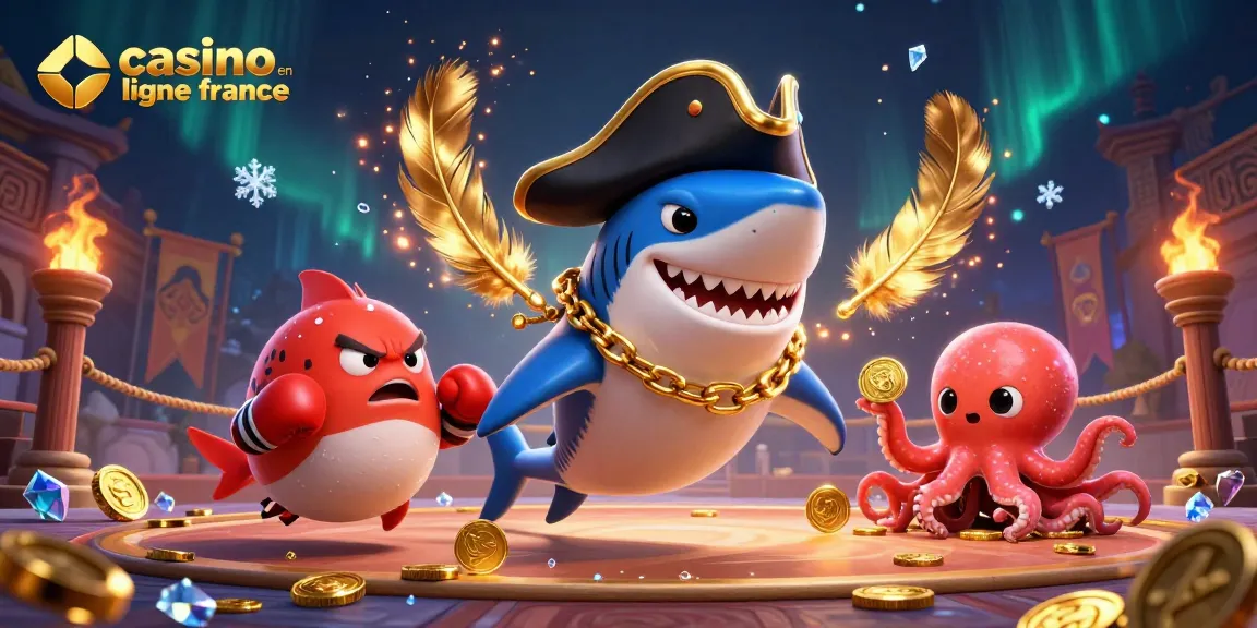 Découvrez un univers de casino en ligne France avec un requin pirate et de l'argent en or.