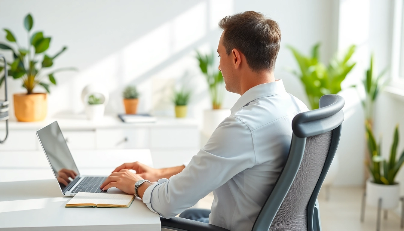 Enhance your posture support with ergonomic workspace setup showing a professional at a desk.