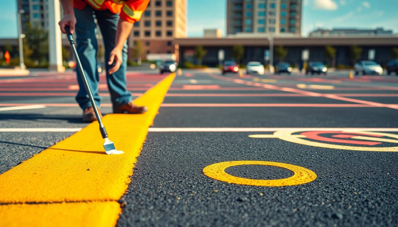 Pavement marking Jackson MS with a professional applying fresh line stripes in a parking lot.