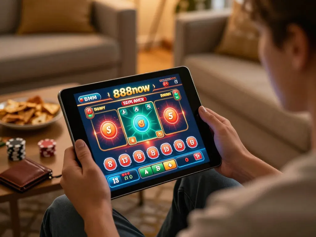 Engaging in online gambling on 888now đăng nhập in a cozy living room setting.