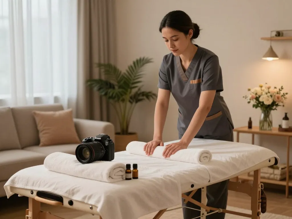 Relaxing home massage session setup showcasing professional therapist and calming atmosphere at https://www.maxim-anma.net.