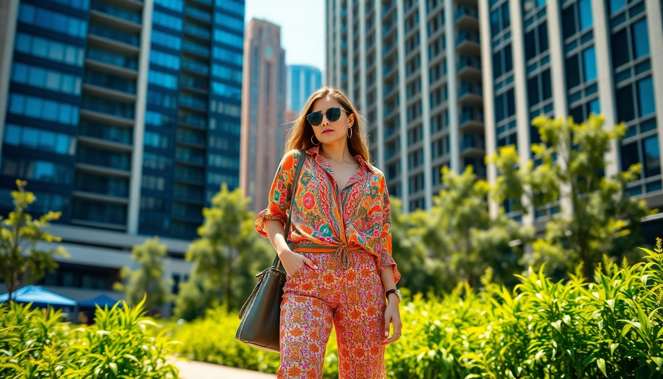 Fashion model showcasing a vibrant outfit in a stylish urban environment.