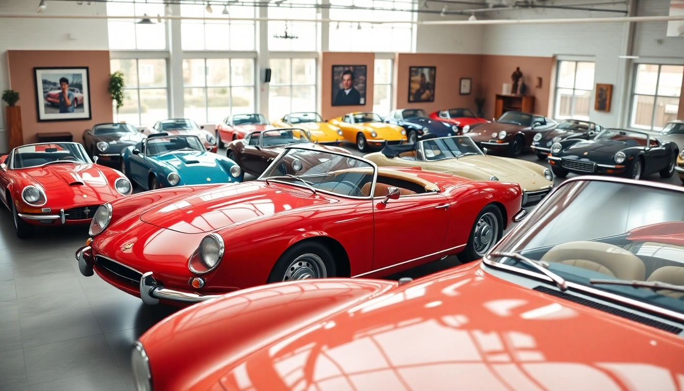 Admire the elegance of PRA Classic Cars in a sophisticated vintage showroom.