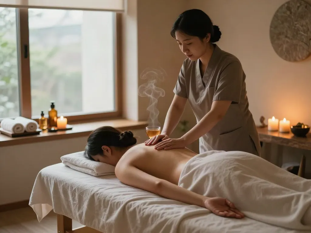 Relaxing 수지출장마사지 session in a tranquil spa environment, showcasing skilled therapist and calming atmosphere.