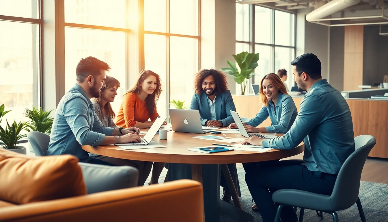 A diverse team collaborating in a modern office environment, representing a web development company.