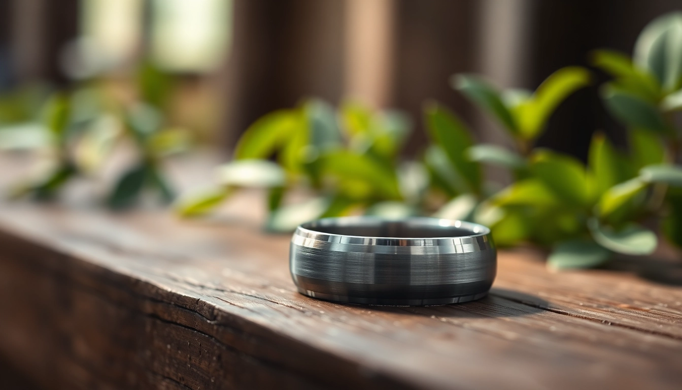 Showcasing Gunmetal Wedding Bands for Men with a sleek brushed finish on a rustic table.