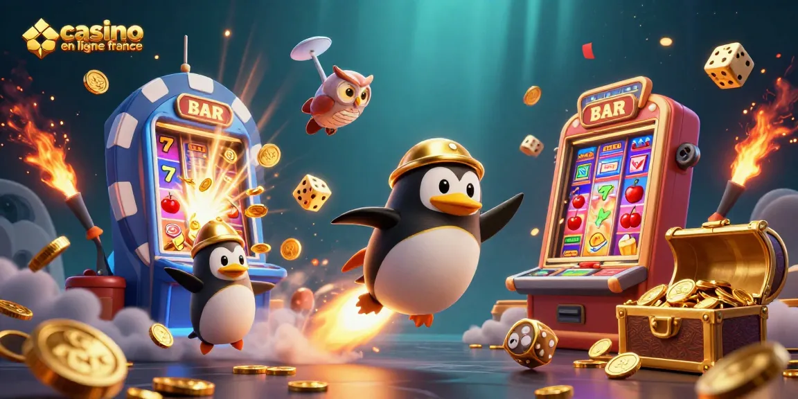Plongez dans l'univers du casino en ligne France avec notre illustration captivante d'un pingouin doré propulsé par une fusée.