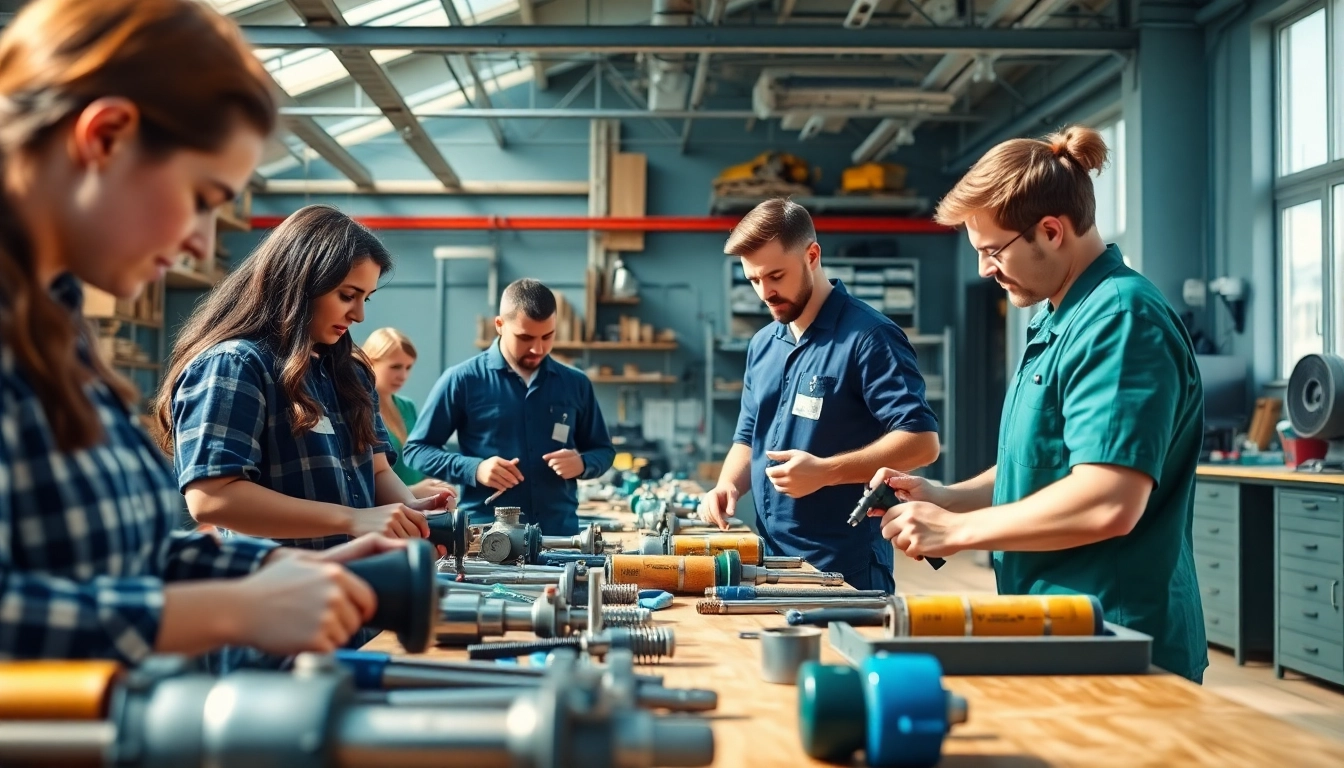 Students actively participating in hands-on training at a trade school workshop.