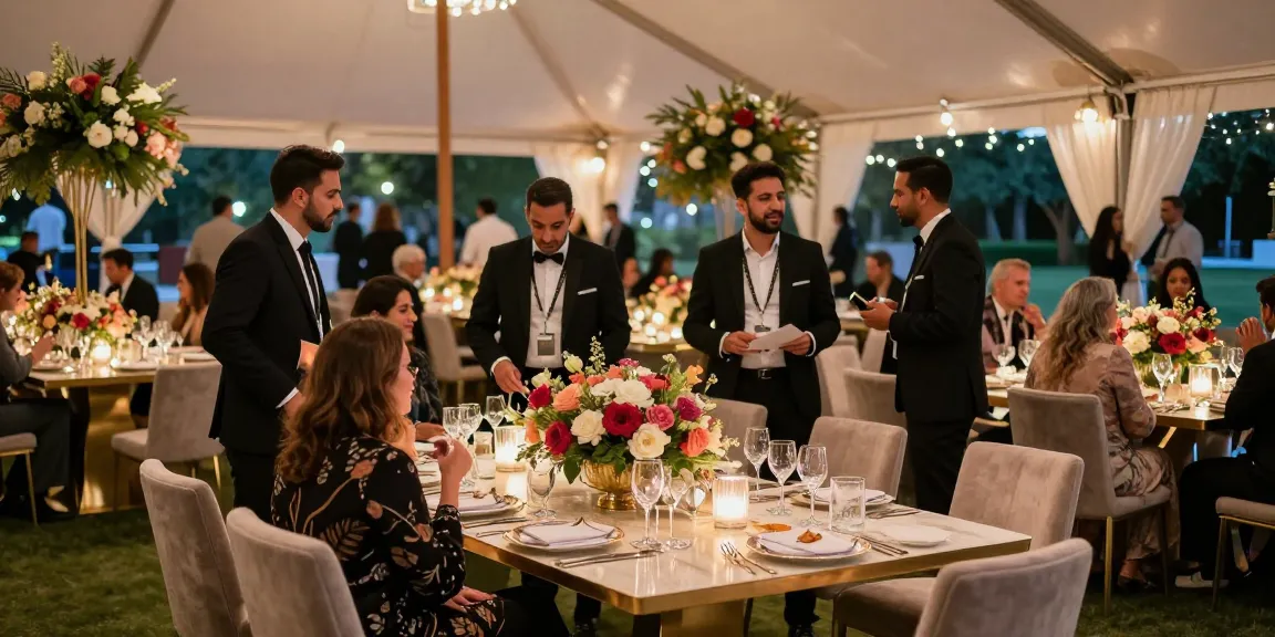 Event rentals featuring luxurious gala setup with elegant decor and lively guests in Saudi Arabia.