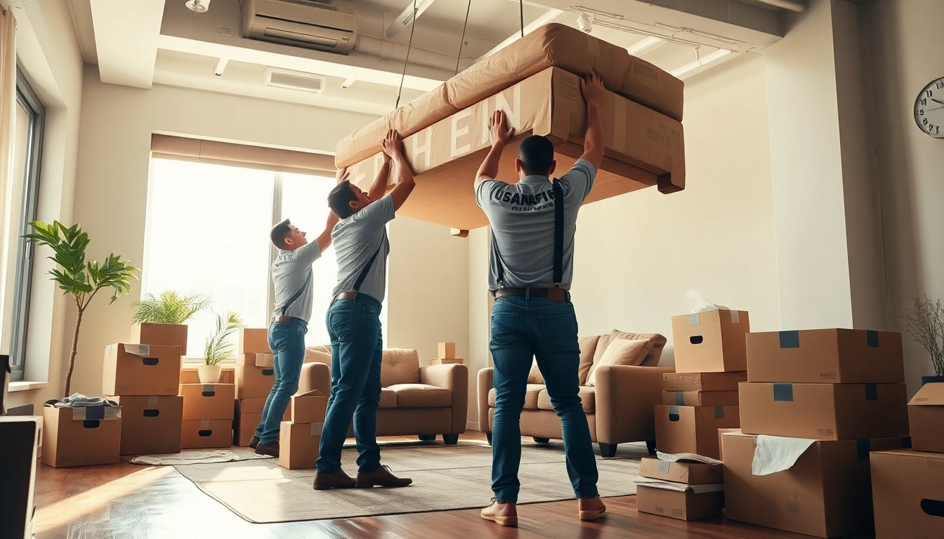 Movers efficiently relocating furniture amidst packing materials in an urban setting.