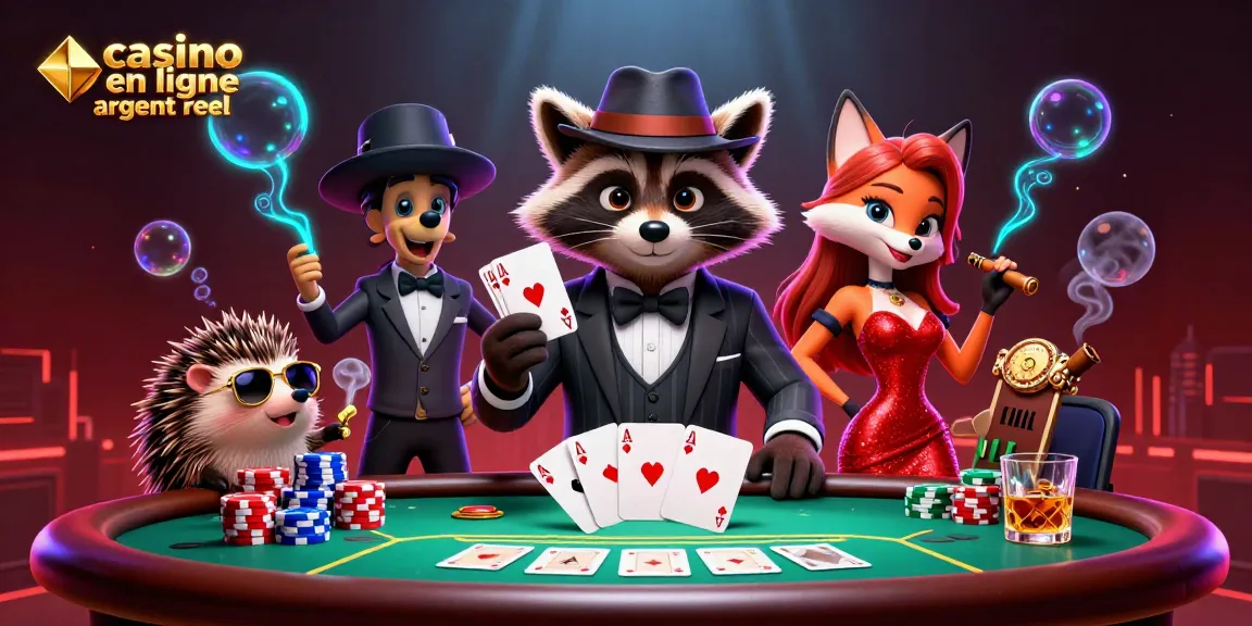 Jouez au casino en ligne argent réel avec une illustration dynamique de personnages et éléments de jeu captivants.