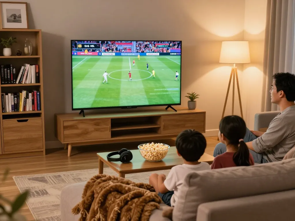 Gezin geniet van IPTV Nederland entertainment in een gezellige woonkamer met een grote slimme TV.