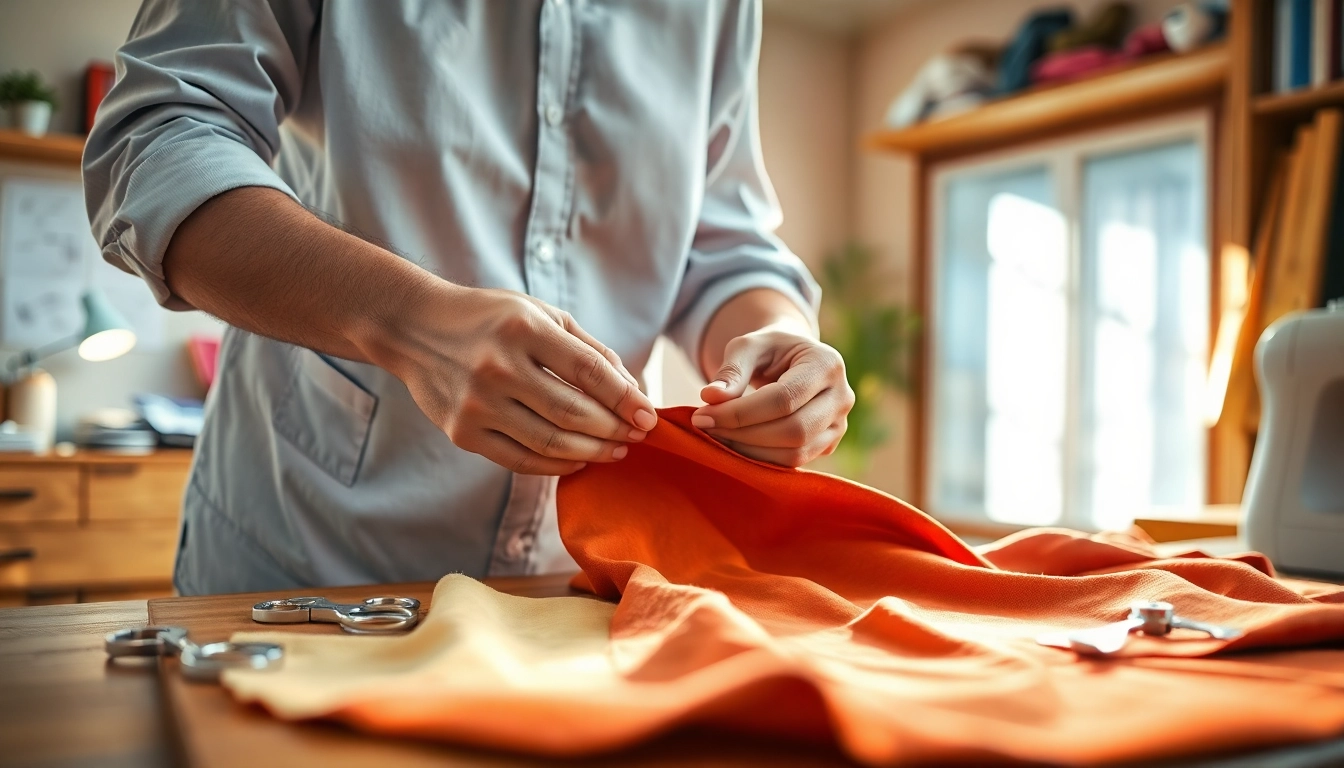 Clothing alterations near me Nashville: Tailor expertly adjusting a garment in a cozy studio.