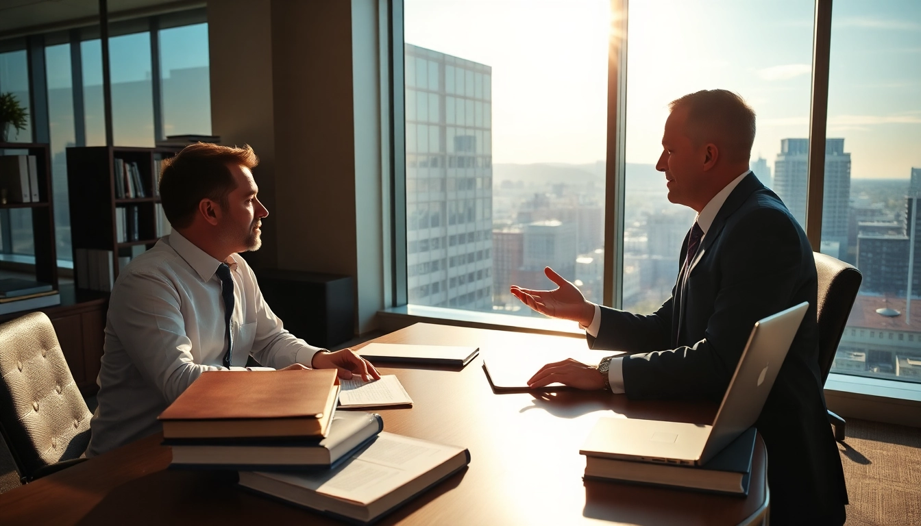 Consulting with an Asheville criminal defense lawyer in a modern office setting.