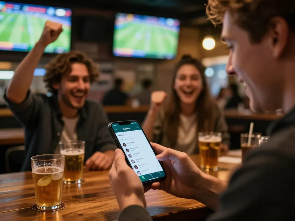 Cakhia user placing bets on smartphone while enjoying live sports in a vibrant sports bar setting