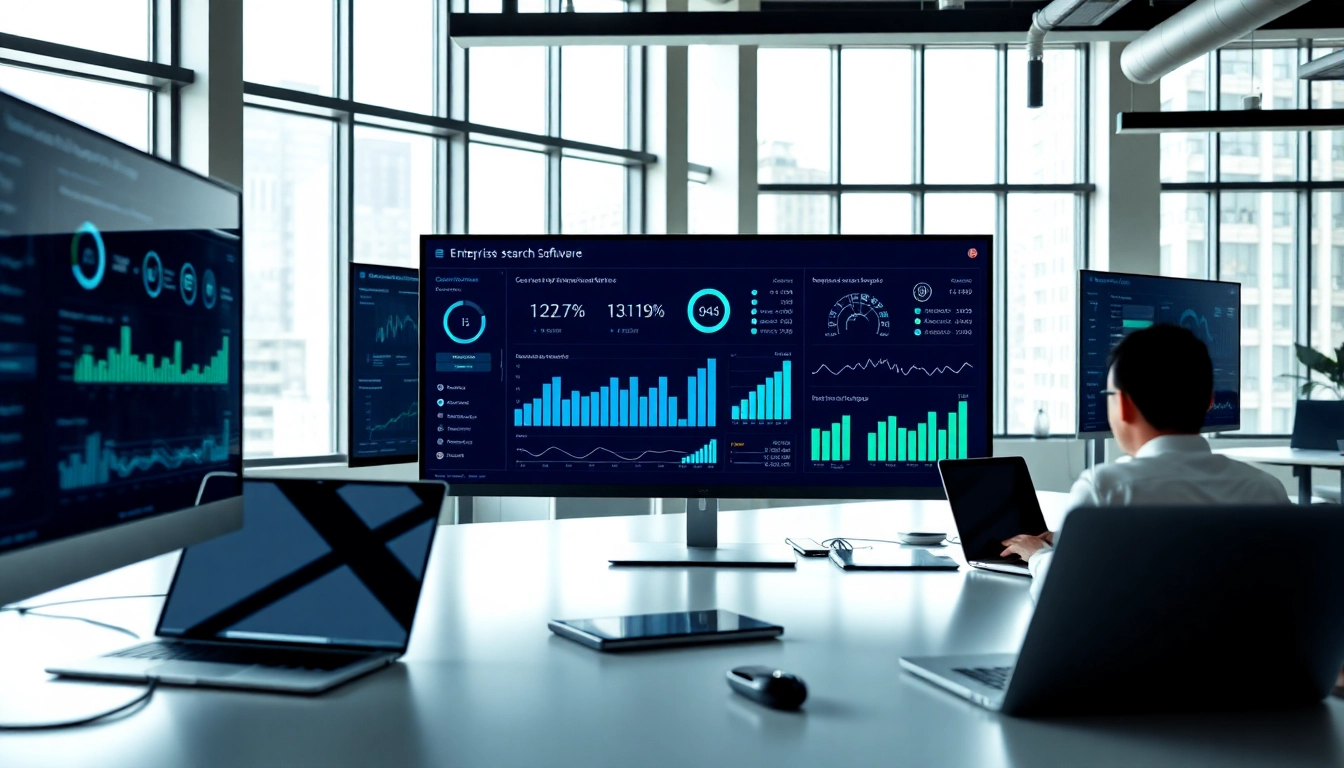 Analyze data with enterprise search software on modern office screens showcasing analytics.