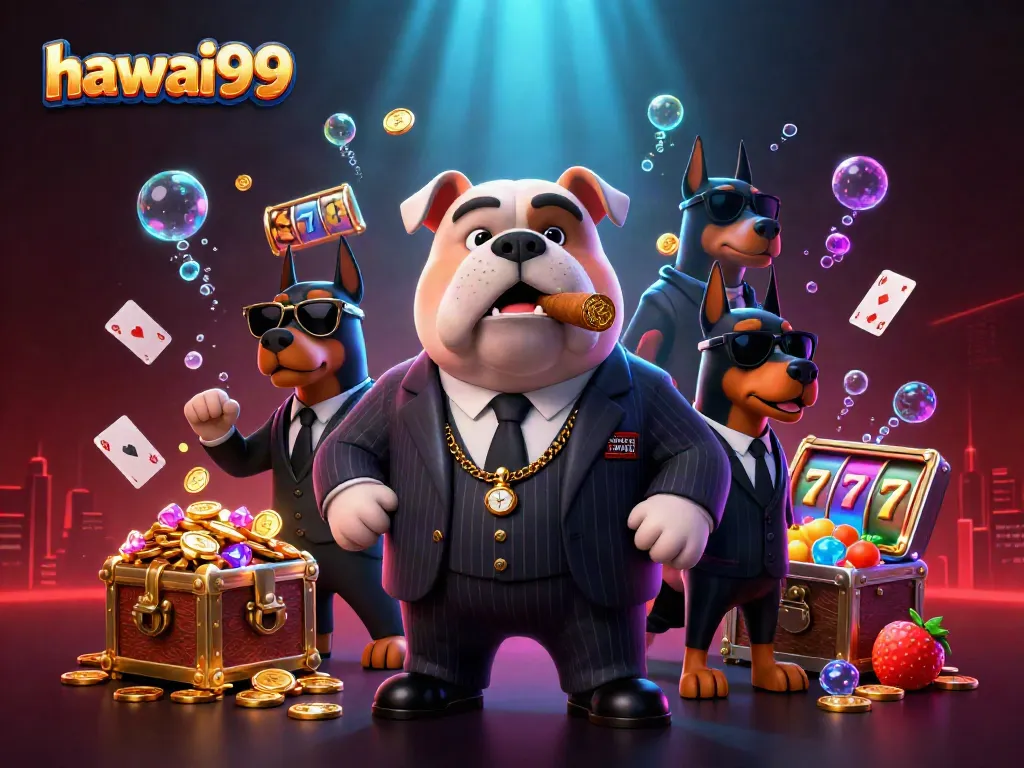 Experience excitement with hawai99's cartoon mafia boss and bodyguard Dobermans in a lively casino setting.