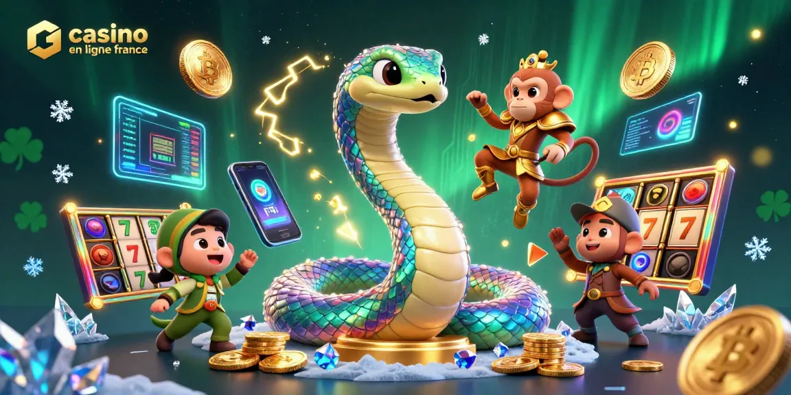 Visualisez les aventures du casino en ligne France avec des éléments colorés et dynamiques, un serpent et un roi singe.