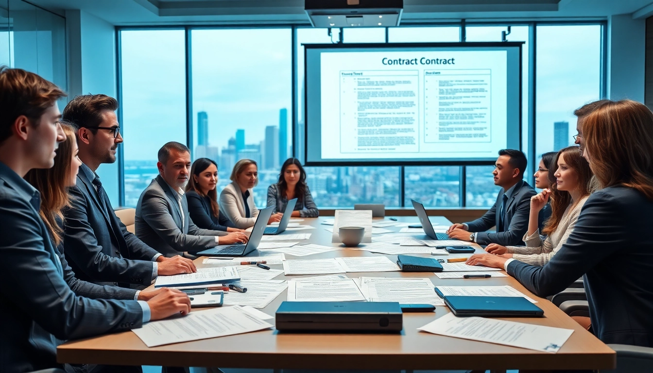Professionals discussing Federal and State contracts in a modern office setting.