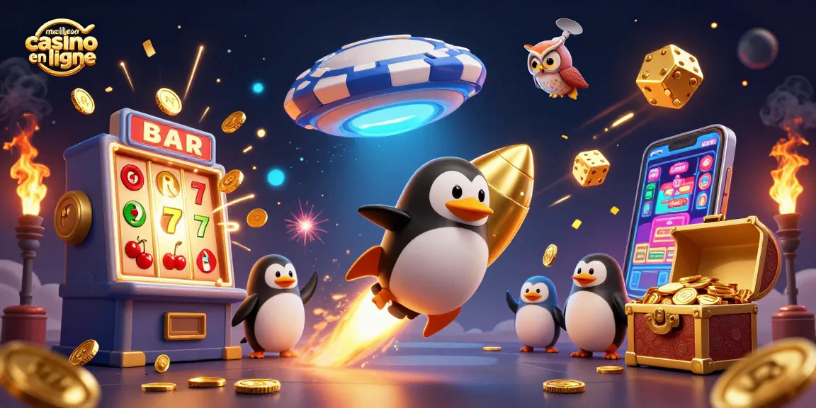 Visitez le meilleur casino en ligne avec notre illustration d'un pingouin en or propulsé par une fusée, s'éclairant de pièces d'or.
