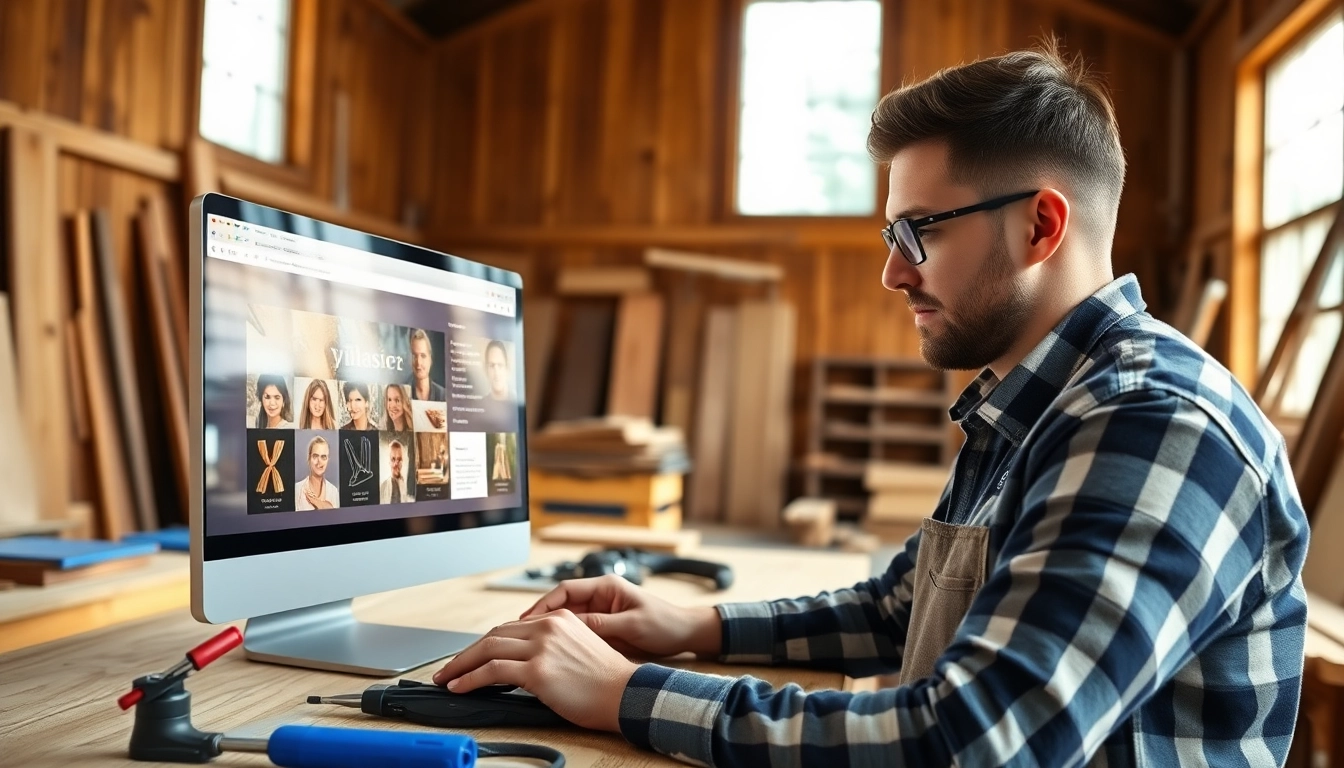 Visualisierung von seo für handwerker in einer modernen Werkstatt mit digitalen Tools.
