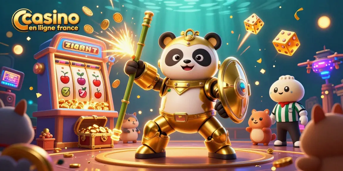 Illustration dynamique d'une scène de casino en ligne en France avec un panda en armure de mech et des machines à sous éclatantes.