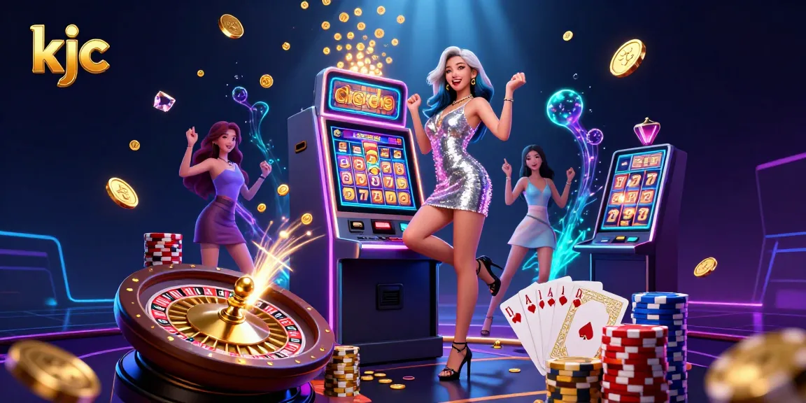 Spin the jackpot at KJC casino, featuring a dazzling slot machine with golden coins erupting.