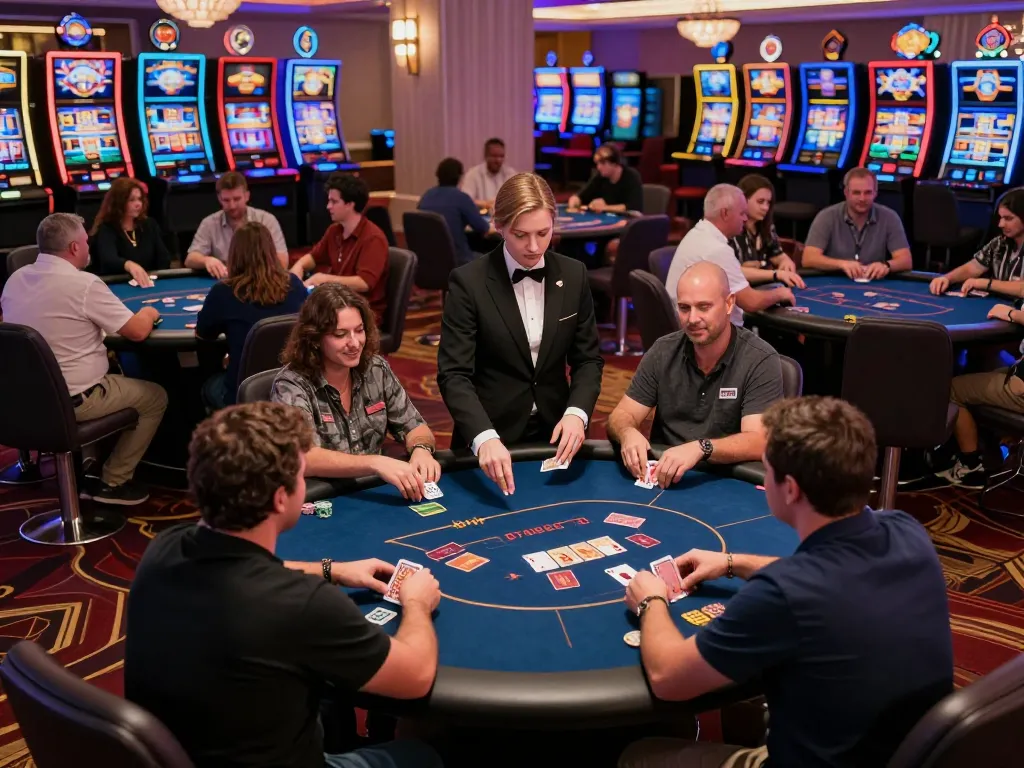 Engaged players at casino poker tables with stacks of chips and cards, showcasing giường bệnh nhân comfort.