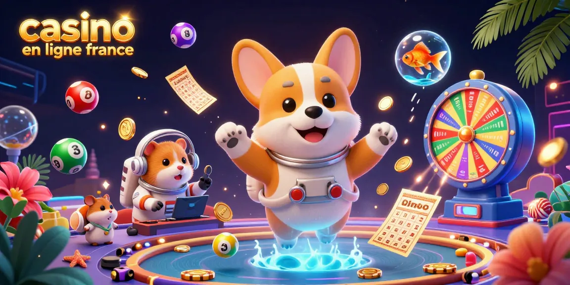 Une illustration dynamique de casino en ligne France avec des personnages en apesanteur, poker et loterie.