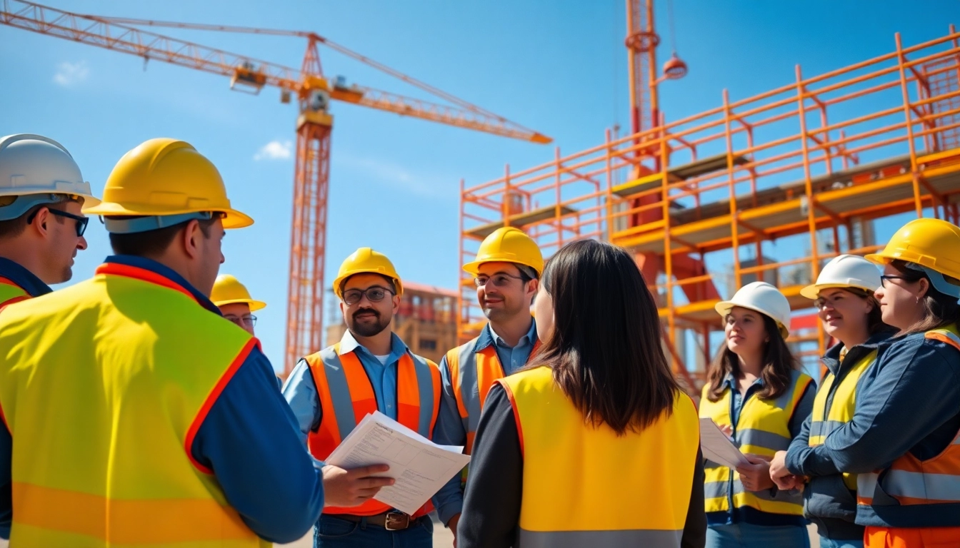 Workers engaging in construction safety training on-site, highlighting teamwork and safety protocols.