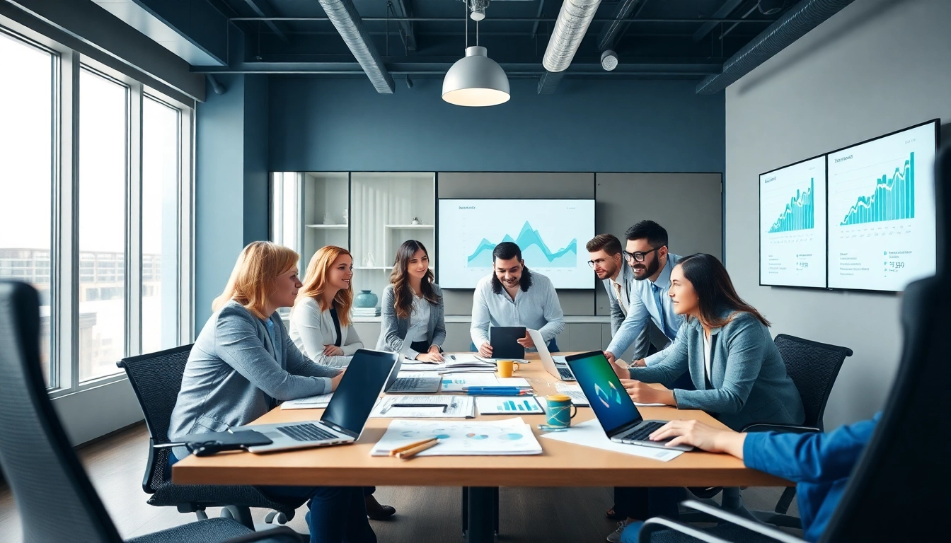 Team analyzing data for Competitive intelligence strategies in a bright and modern workspace.