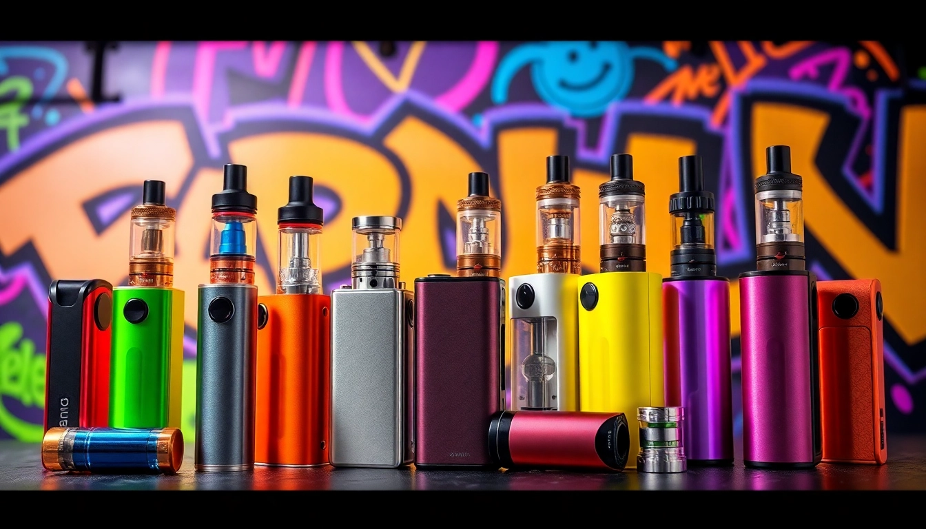 Explore Funky Republic Vape devices displayed artistically with vibrant colors and dynamic lighting.