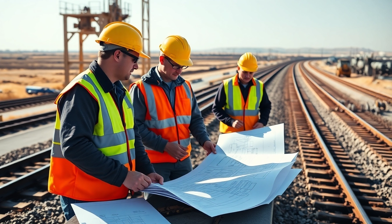 Railroad Contractors collaborating on track construction, showcasing safety and teamwork.