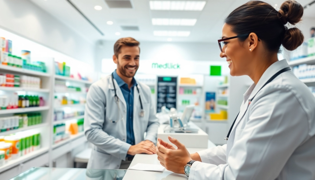 MediClick Pharmacy pharmacist assisting a customer in a bright, well-organized retail space.