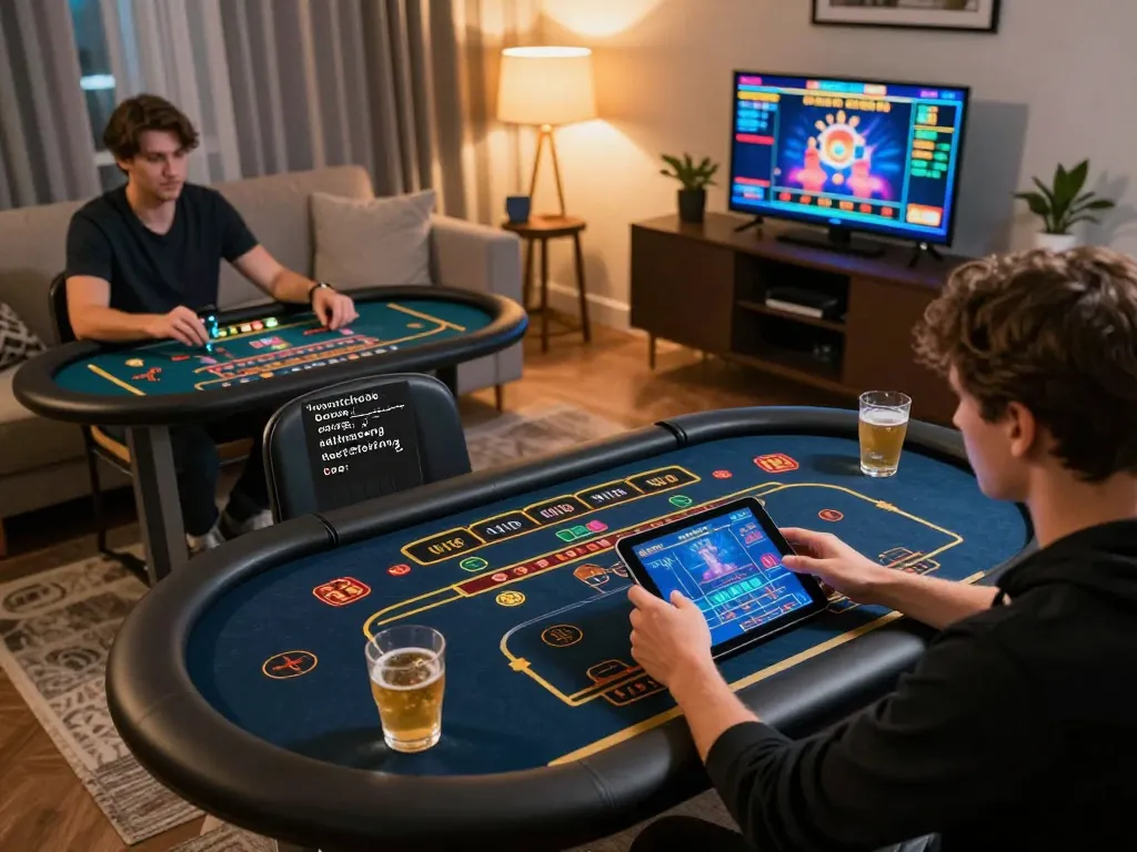 w 88 players enjoying online betting on tablets with a lively home setup