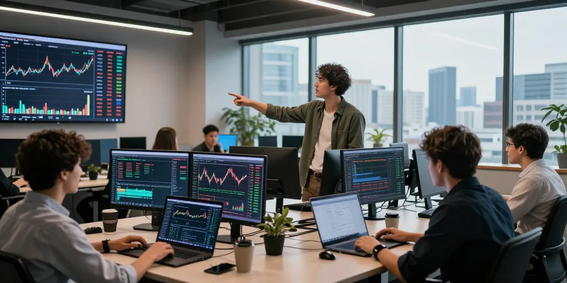 Traders analyzing Ethereum price live in a modern office with screens displaying charts and data.