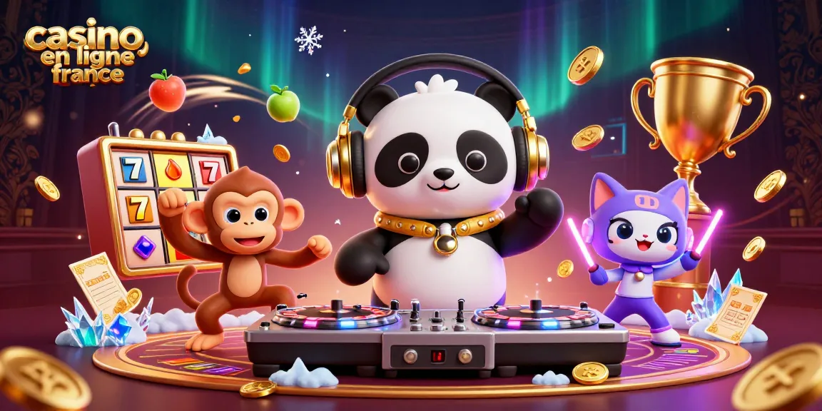 Illustration dynamique pour casino en ligne France avec DJ panda et personnages colorés dans un décor festif.
