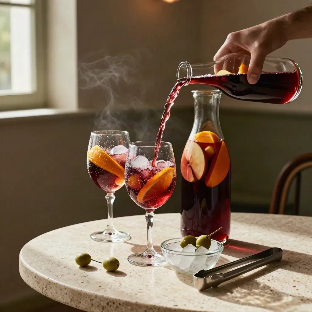 Sangria carafe, two glasses, ice bowl, and olive sprig on travertine