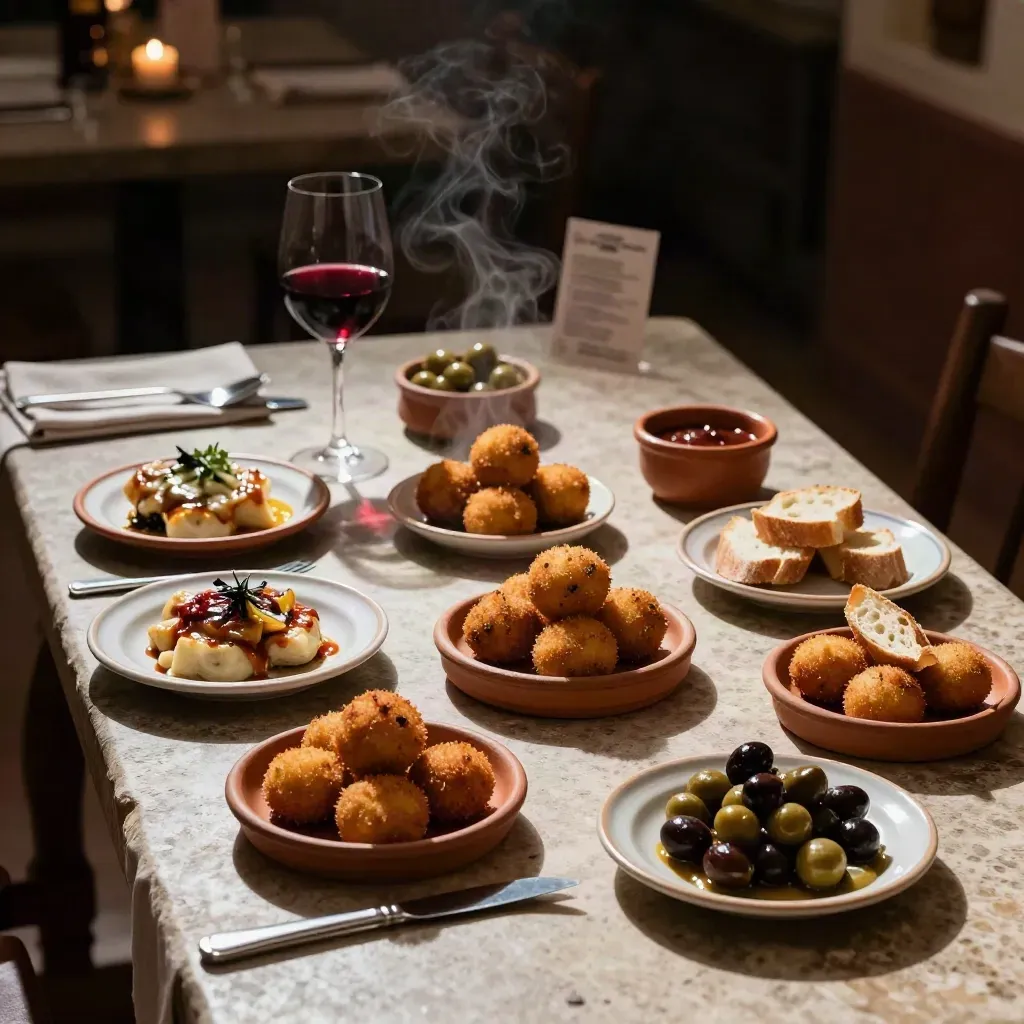 Eight tapas plates, bread, olives, bravas, croquettes and red wine on a stone table