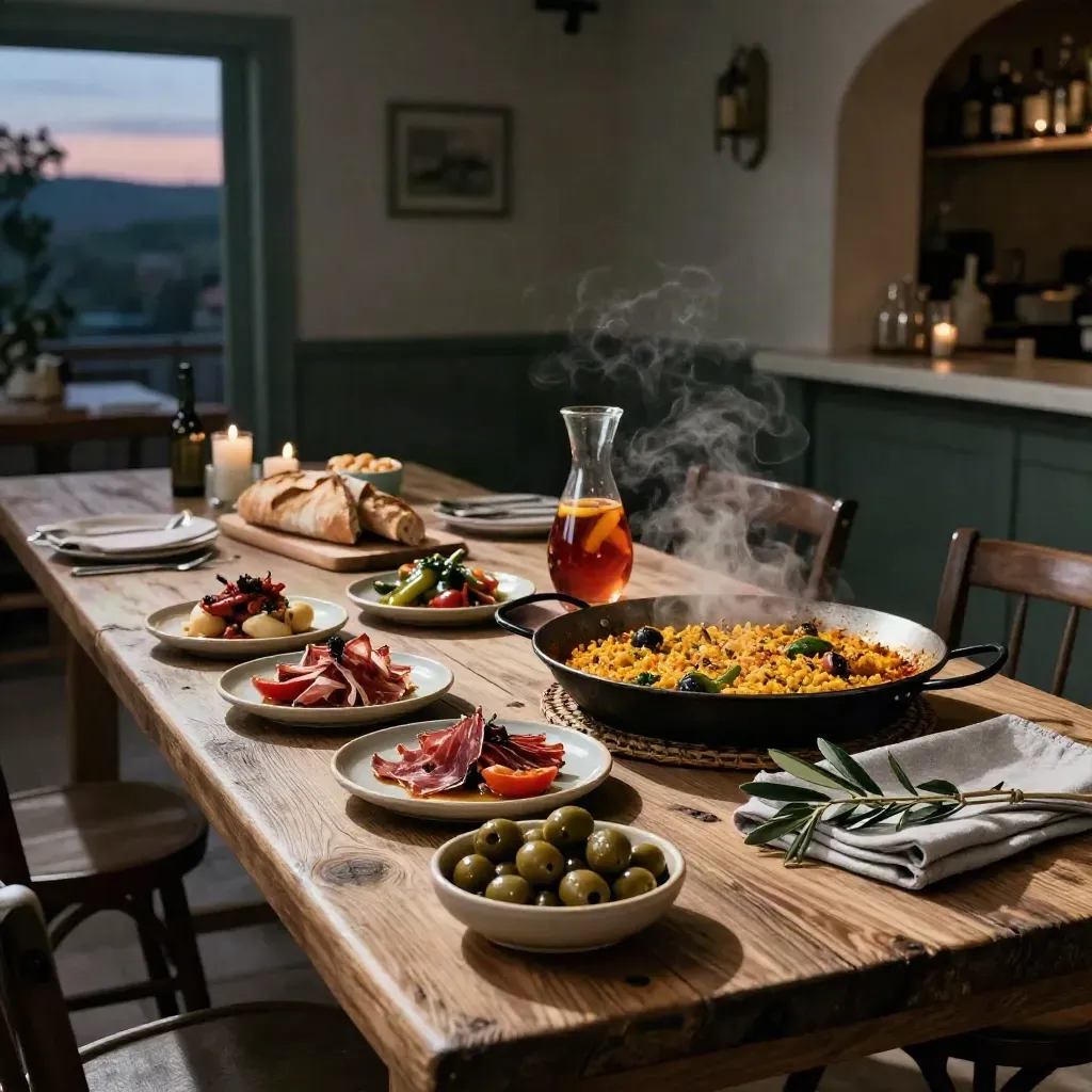 Rustic tapas table with paella, olives, bread, and sangria in a moody bistro at blue hour.